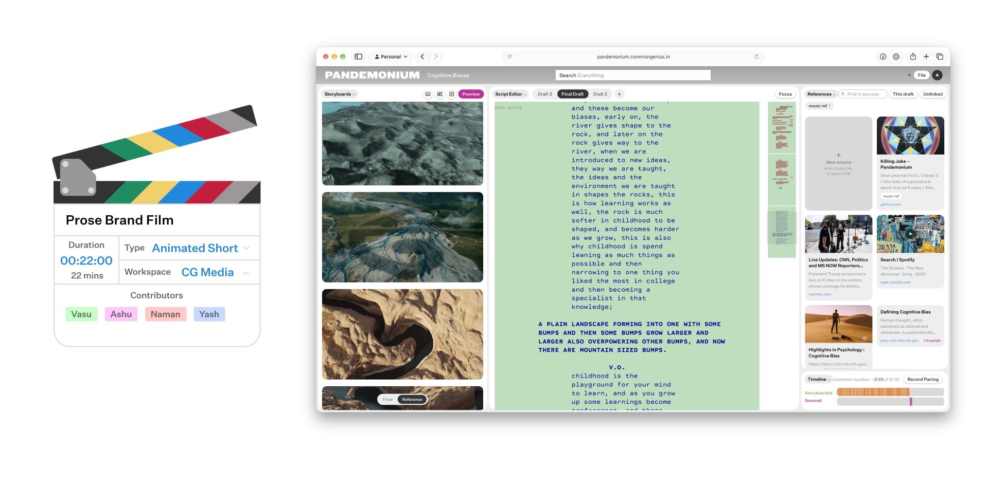 The Pandemonium workspace: a script beside image references, with a card for an animated short