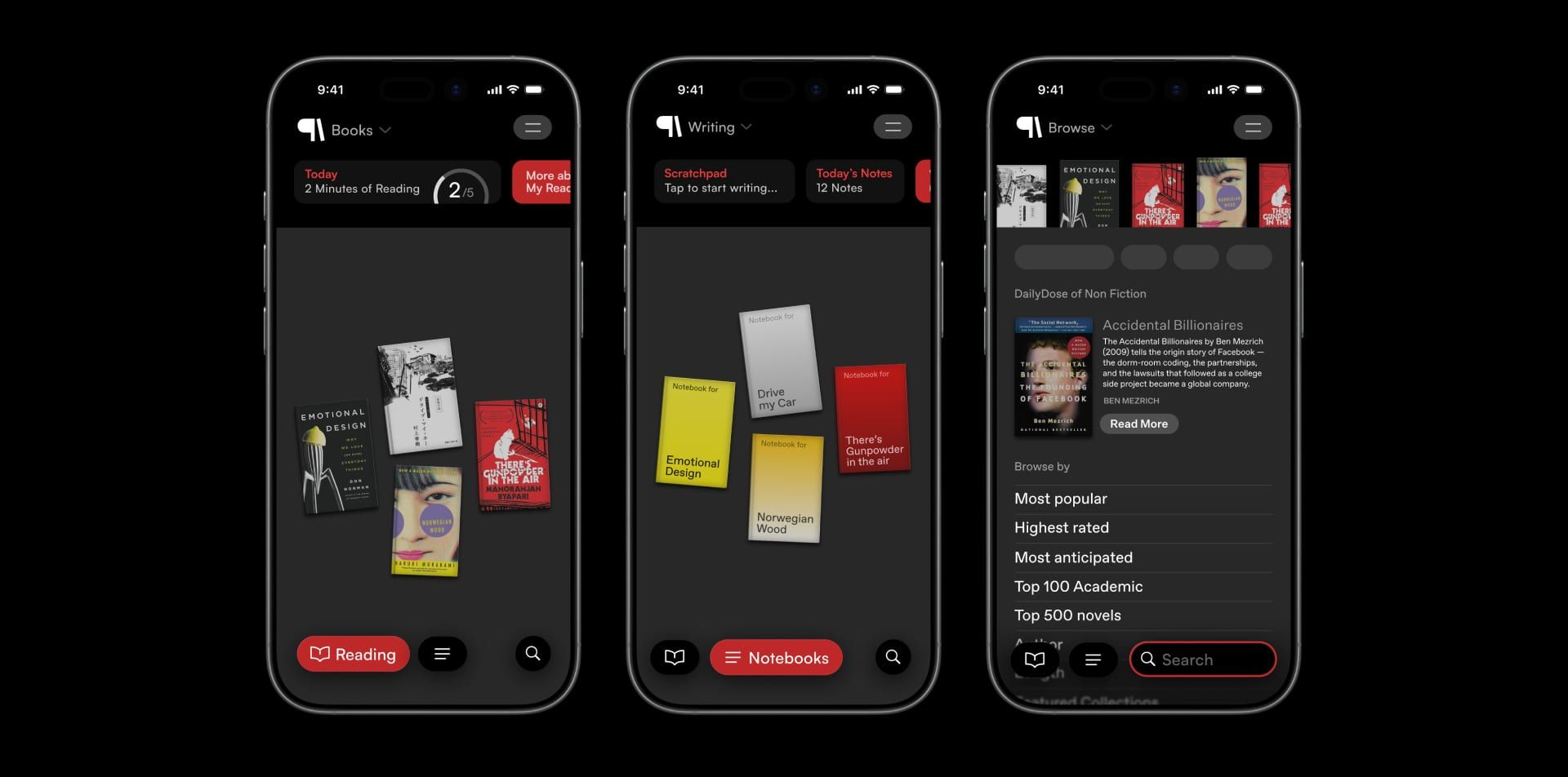 Three Prose app screens: reading, notebooks and browse